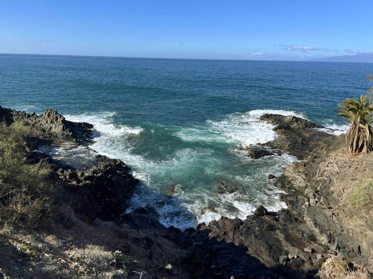 Naravna obala z vulkanskimi skalami in razburkanim morjem.